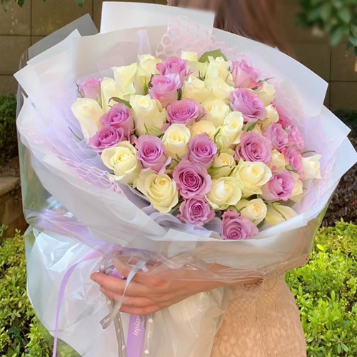 鲜花：最美的缘 52枝紫白玫瑰